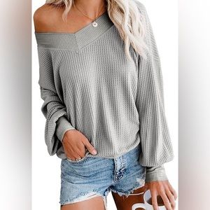 ADREAMLY V Neck Long Sleeved Waffle Knit Off Shoulder Sweater Grey Size 2X